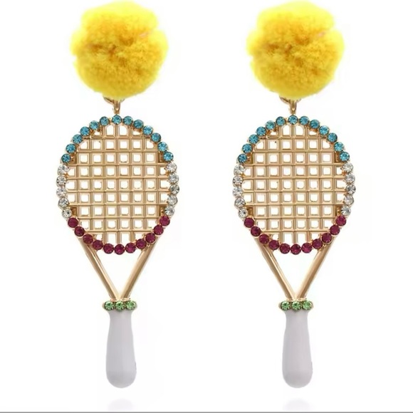 Creative Tennis Racket Statement Earrings 2021 New Woman Trend Hairball - Picture 1 of 6